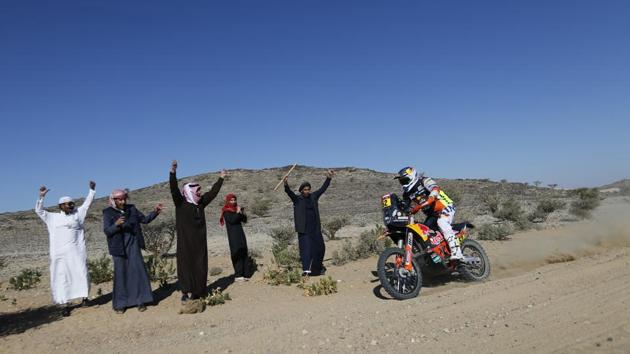 Red Bull KTM Factory Team's Matthias Walkner in action during stage 1 of the 2021 Dakar Rally on January 3. The 43rd Dakar sees a new class joining the collection of cars, bikes, quads, trucks, buggies and SSVs - with the Dakar Classic category limited to vehicles from the 1980s and 90s. (Hamad I Mohammed / REUTERS)