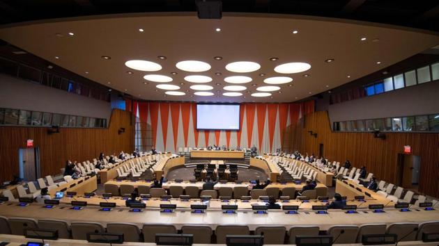India’s term got underway on Monday with a flag installation ceremony, accompanied by the four other countries joining as non-permanent members of the UN Security Council.(AFP/United Nations/Eskinder Debebe) India’s term got underway on Monday with a flag installation ceremony, accompanied by the four other countries joining as non-permanent members of the UN Security Council.(AFP/United Nations/Eskinder Debebe)