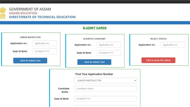 DTE Assam Junior Instructor and Scientific Assistant admit card 2021.(Screengrab)