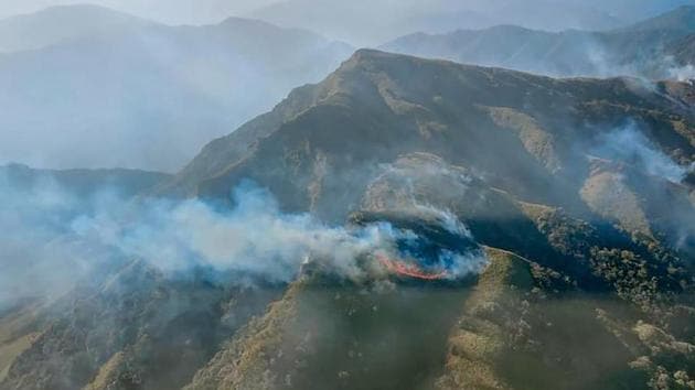 Smoke rises during a forest fire that broke out in the Dzukou Valley of Kohima district.(PTI) Smoke rises during a forest fire that broke out in the Dzukou Valley of Kohima district.(PTI)
