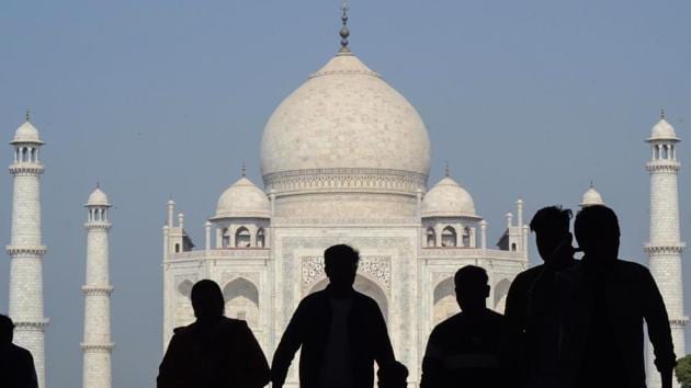 Physical checking has been stopped at the gates of Taj Mahal after it reopened for visitors following the coronavirus-induced lockdown(PTI)
