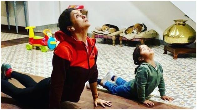 Gul Panag does bhujangasana with son(Instagram/gulpanag)