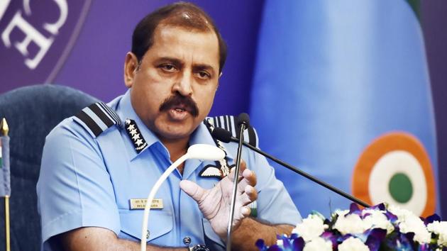Chief of the Air Staff, Air Chief Marshal Rakesh Kumar Singh Bhadauria addresses a press conference.(Ajay Aggarwal/HT PHOTO)