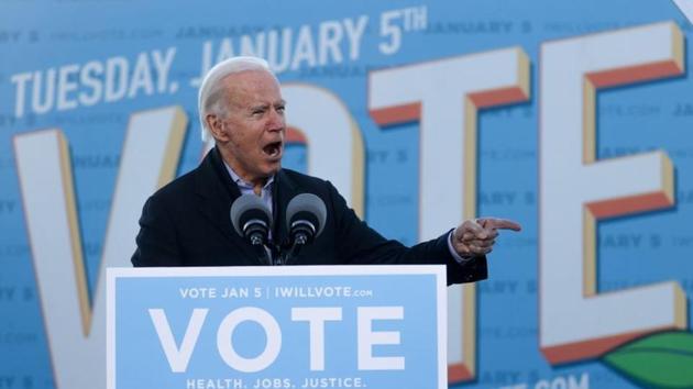 US President-elect Joe Biden campaigns for Democratic US Senate candidates Jon Ossoff and Raphael Warnock at a rally ahead of runoff elections in Atlanta, Georgia, US on January 4, 2021.(Reuters Photo)