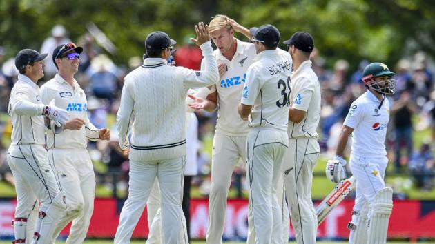 New Zealand bowler Kyle Jamieson, centre, is congratulated by teammates after dismissing Pakistan's Mohammad Rizwan, right, during play on day four of the second cricket test between Pakistan and New Zealand at Hagley Oval, Christchurch, New Zealand, Wednesday, Jan 6. 2021. New Zealand defeated Pakistan by an innings and 176-runs to win the test two test series 2-0.(AP) New Zealand bowler Kyle Jamieson, centre, is congratulated by teammates after dismissing Pakistan's Mohammad Rizwan, right, during play on day four of the second cricket test between Pakistan and New Zealand at Hagley Oval, Christchurch, New Zealand, Wednesday, Jan 6. 2021. New Zealand defeated Pakistan by an innings and 176-runs to win the test two test series 2-0.(AP)