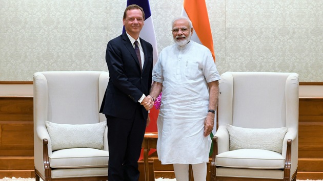 Bilateral ties between India and France have been strengthening recently with India’s purchase of the Rafale jets from French aircraft manufacturer Dassault Aviation. In picture - Prime Minister Modi with France’s Emmanuel Bonne. (Twitter/@PMOIndia) Bilateral ties between India and France have been strengthening recently with India’s purchase of the Rafale jets from French aircraft manufacturer Dassault Aviation. In picture - Prime Minister Modi with France’s Emmanuel Bonne. (Twitter/@PMOIndia)
