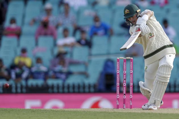 Australia's Marnus Labuschagne bats during play on day one of the third cricket test between India and Australia at the Sydney Cricket Ground, Sydney, Australia, Thursday, Jan. 7, 2021. (AP Photo/Rick Rycroft) (AP)