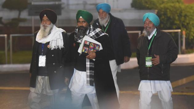 Farmers' union leaders exit after the 7th round of talks with the Centre over the laws ended in a stalemate at Vigyan Bhawan in New Delhi on January 4. The tractor march on January 7 was touted by the protesters as a ‘trailer’ of a much bigger march that is being planned for Republic Day if talks don’t progress. (Vipin Kumar / HT Photo) 