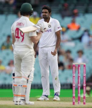 Sydney: India's Ravichandran Ashwin, right, reacts as he contemplates appealing for a catch during play on day one of the third cricket test between India and Australia at the Sydney Cricket Ground, Sydney, Australia, Thursday, Jan. 7, 2021. AP/PTI(AP01_07_2021_000062B) (AP)