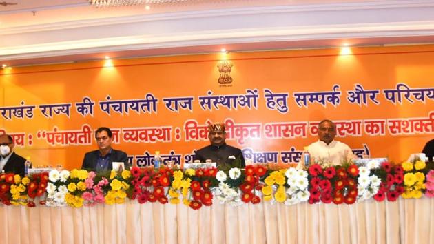 The event was attended by the gram pradhans and members of various panchayats of the state, panchayati raj minister Arvind Pandey and Uttarakhand assembly Speaker Premchand Agarwal. (HT photo) The event was attended by the gram pradhans and members of various panchayats of the state, panchayati raj minister Arvind Pandey and Uttarakhand assembly Speaker Premchand Agarwal. (HT photo)