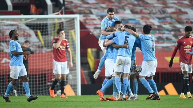 Manchester City's Fernandinho celebrates scoring their second goal with teammates.(Pool via REUTERS) Manchester City's Fernandinho celebrates scoring their second goal with teammates.(Pool via REUTERS)