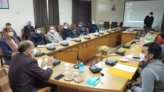 Chief minister Jai Ram Thakur presiding over the review meeting with district administration in Dharamshala, on Friday. (HT photo) Chief minister Jai Ram Thakur presiding over the review meeting with district administration in Dharamshala, on Friday. (HT photo)