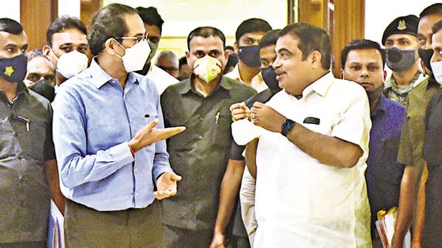 Uddhav Thackarey and Nitin Gadkari after the meeting at Sahyadri Guest House in Mumbai. (Anshuman Poyrekar/HT Photo) Uddhav Thackarey and Nitin Gadkari after the meeting at Sahyadri Guest House in Mumbai. (Anshuman Poyrekar/HT Photo)