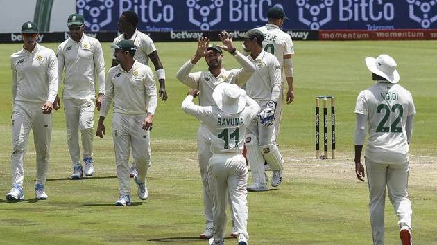 South African cricket team celebrate their victory against Sri Lanka, during the final day of the first cricket test between South Africa and Sri Lanka in Pretoria.(AP)