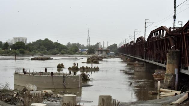 A view of Yamuna River near the old Yamuna bridge which was reopened for vehicular movement after the water level started receding in New Delhi, India, on Friday, August 03, 2018.