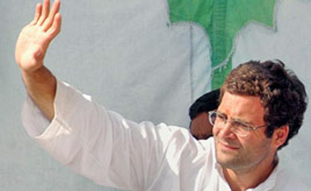 Congress leader Rahul Gandhi waves to the public during an election rally at Laharpur of Sitapur district in Uttar Pradesh on Thursday, April 19.