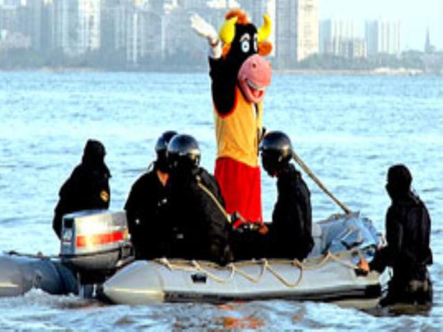 "Bravo" the Bison, the official mascot for the 4th Military World Games unveiled at Marine Drive in Mumbai.