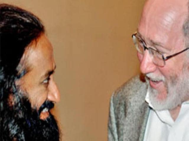 Rabbi Landes chats with Sri Sri Ravi Shankar during a conference to promote religious tolerance in Bali.