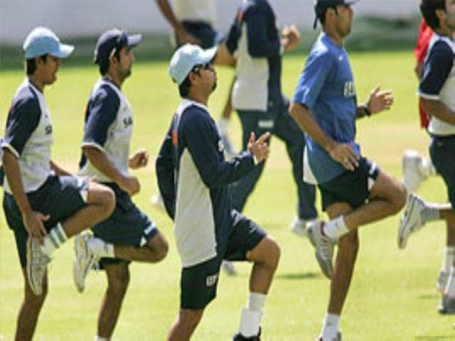 Indian cricketers jog during the final day of the training camp.