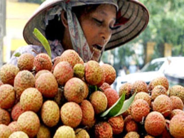A vendor transports litchis for sale on the street in Hanoi.