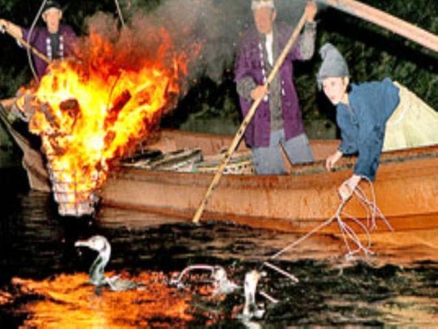 Japanese woman Mariko Sawaki does "Ukai" or traditional Japanese fishing on River Uji in Kyoto.