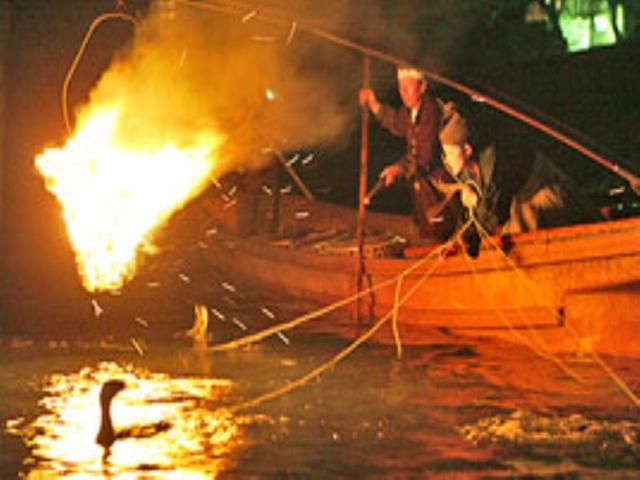Japanese woman Mariko Sawaki does "Ukai" or traditional Japanese fishing on River Uji in Kyoto.