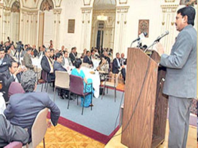 The chief minister of Maharashtra speak at a reception hosted by Indian Consulate on Monday.