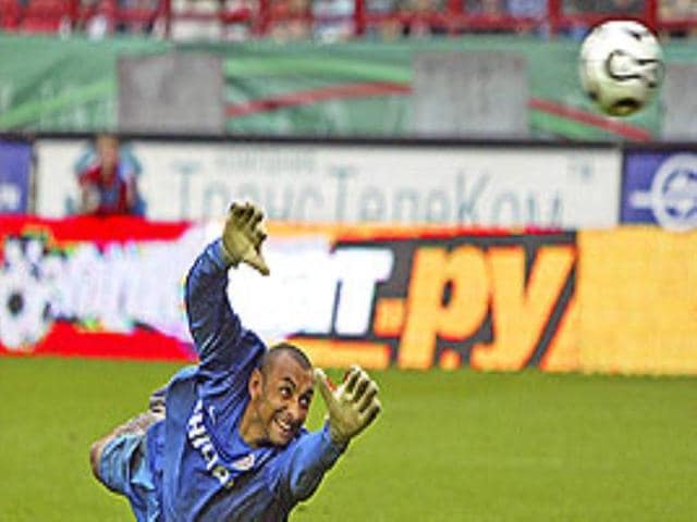 Silva Gomes saves a shot during the Russian Railways Cup soccer match in Moscow.