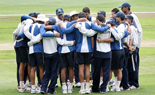 Indian players gather at the wicket during training at the MCG in Melbourne.