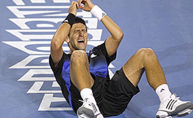 Novak Djokovic celebrates after beating Jo-Wilfried Tsonga in the final of the Men's singles at the Australian Open.