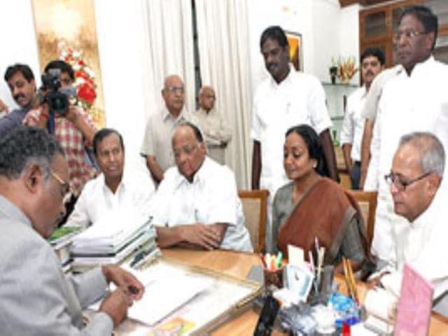 UPA candidate for Lok Sabha Speaker Meira Kumar, flanked by Union Ministers Pranab Mukherjee, Sharad Pawar, TR Baalu and V Narayansamy, filing her nomination papers in New Delhi.