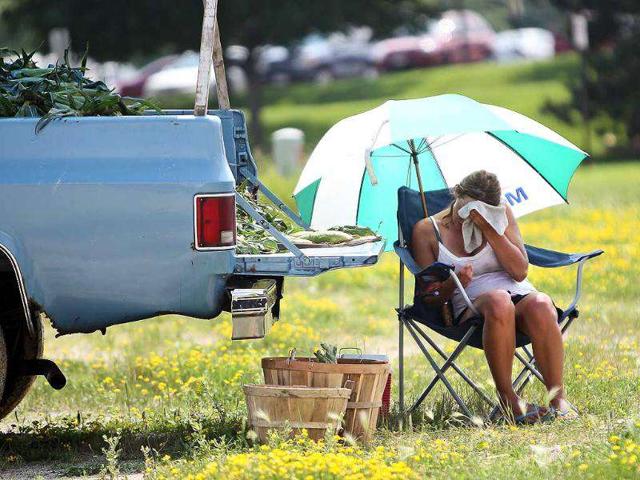 Tiffany Carrels, of Lake City, Minn. wipes the sweat from her face with a towel as she sells sweet corn at the side of the road in Northfield during the sweltering heat.