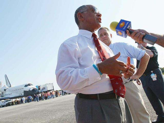Nasa administrator Charles Bolden speaks to the media after Space Shuttle Atlantis landed at Kennedy Space Center in Cape Canaveral, Florida.