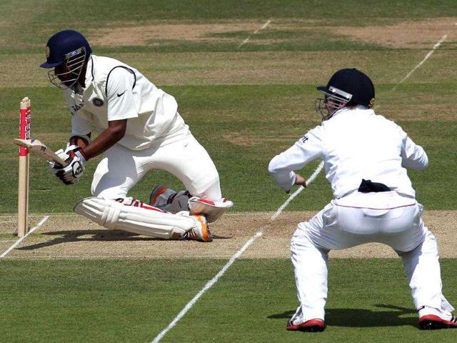 Abhinav Mukund loses his balance after playing a shot against England during Day three of the 1st Test match at Lord's Cricket Ground in London.
