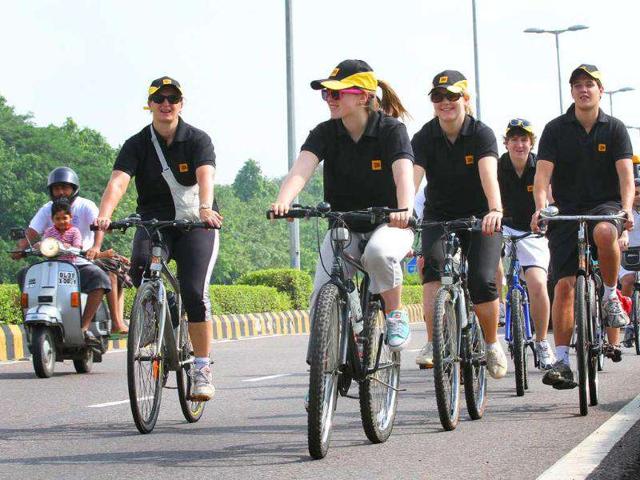 Lady Arabella Stagg (Left) wife of Richard Stagg British High Commissioner to India participated in a cycle rally , Peddle for A Better Tomorrow to raise funds for cancer charities in New Delhi.
