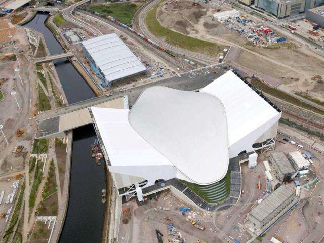 An-aerial-view-of-the-Aquatics-Center-with-the-Water-Polo-Arena-being-developed-at-the-rear-is-seen-at-the-Olympic-Park-London