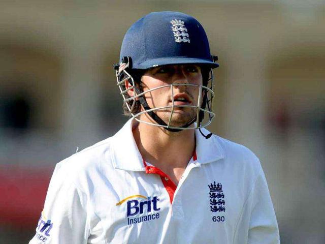 England's Alastair Cook leaves the field after being dismissed for five runs during the second day of the second cricket Test match at Trent Bridge in Nottingham.