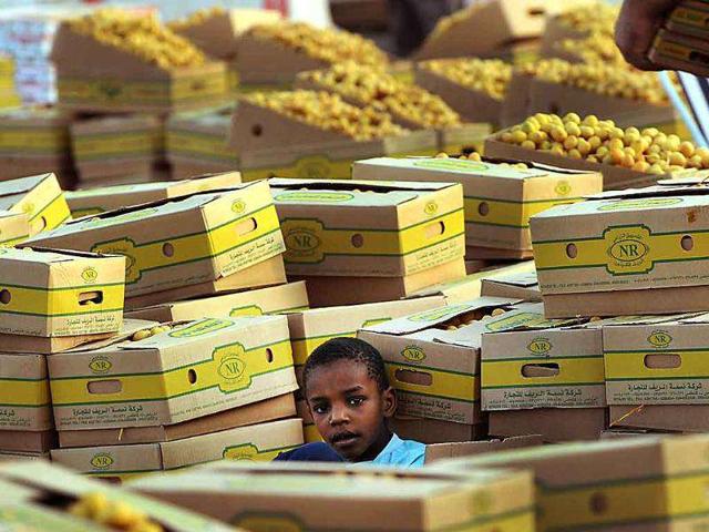 A Saudi boy sits amid boxes of dates displayed for sale on the eve of the Muslim holy fasting month of Ramadan at a market in Riyadh.