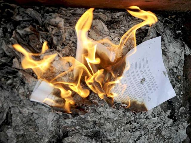 A copy of the lokpal bill draft burns during a protest on the outskirts of New Delhi.