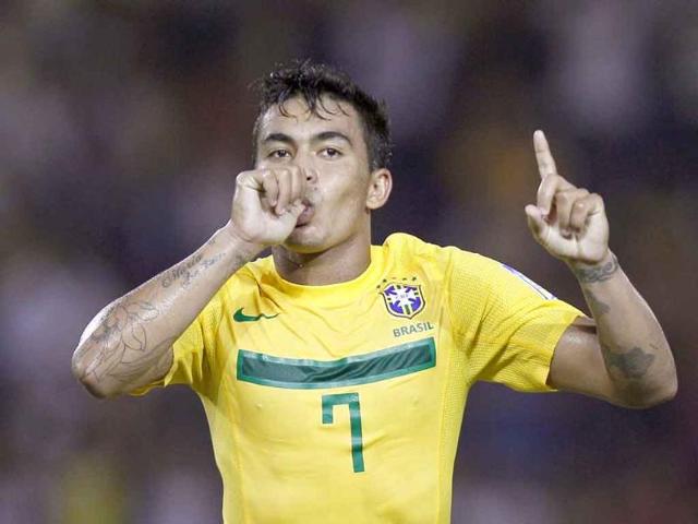Brazil's Dudu celebrates after scoring against Panama during a U-20 World Cup group E soccer match in Barranquilla, Colombia.