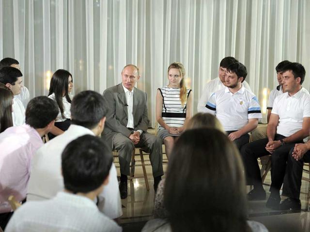 Russia's Prime Minister Vladimir Putin meets with representatives of youth organisations in Mineralnye Vody in the North Caucasus Federal District.