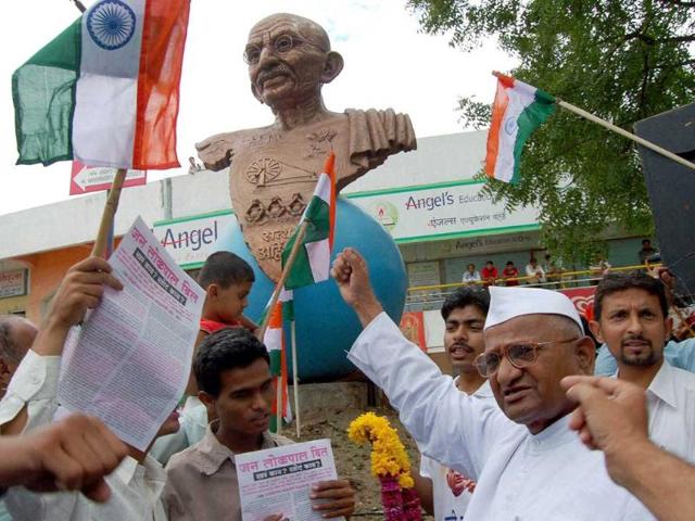 Social activist Anna Hazare during a public meeting for his movement against government lokpal bill in Ahmednagar.