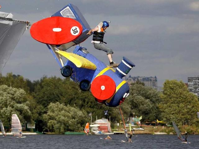 A participant is seen during the Red Bull Flugtag Russia 2011 on the outskirts of Moscow.