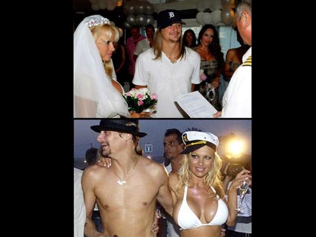 Pam Anderson and Kid Rock: July 29, 2006After their broken engagement, Pamela Anderson and Kid Rock got married on a yacht in St Tropez. Pamela wore a low-cut dress (soon replaced by a white stringed bikini) and Kid Rock sported a white T-shirt (which was soon off him). They were divorced four months later.