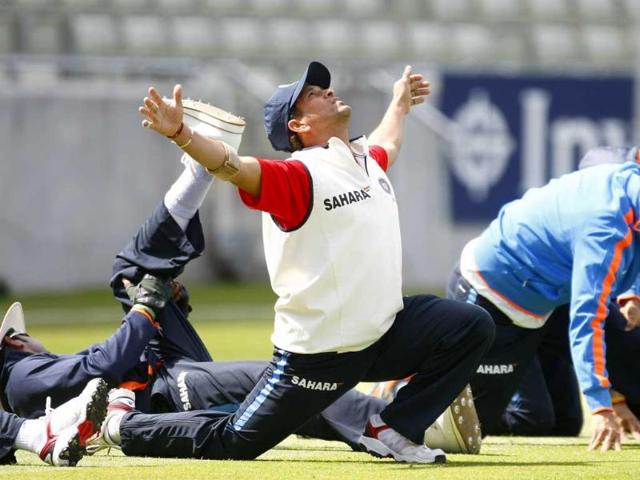 Sachin Tendulkar stretches during a net session at the Edgbaston Cricket Ground, Birmingham, England.