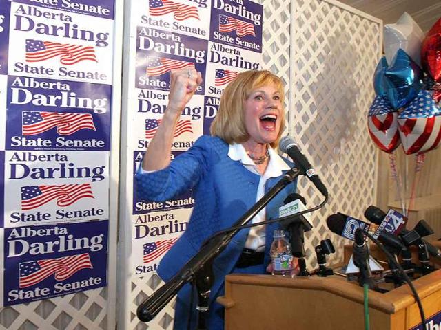 Senator Alberta Darling, R-River Hills, speaks to supporters at her recall election results party at Shully's in Thiensville, Wisconsin.
