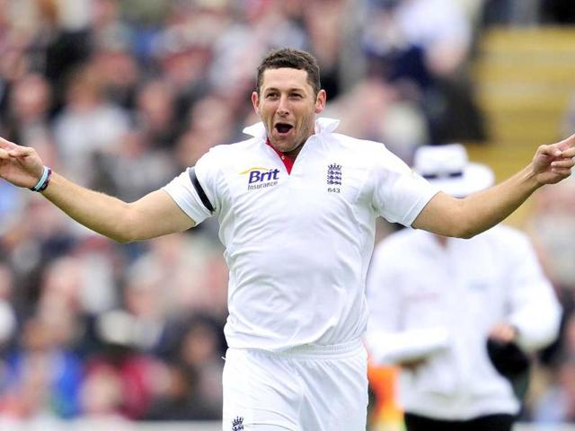 England's Tim Bresnan celebrates taking the wicket of India's Rahul Dravid for 22 during the first day of their third Test match at the Edgbaston cricket ground in Birmingham, central England.