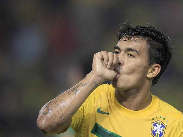 Brazil's Dudu celebrates after scoring his team's third goal against Saudi Arabia during their U-20 World Cup second round soccer match in Barranquilla.