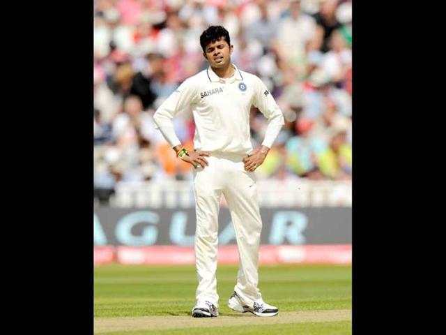 Sreesanth reacts after an England four during the third cricket Test match at Edgbaston cricket ground in Birmingham.