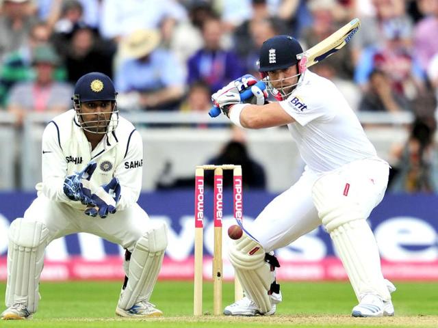 Matt Prior bats as Mahendra Singh Dhoni looks on during the third day of the third Test against India at the Edgbaston cricket ground in Birmingham.